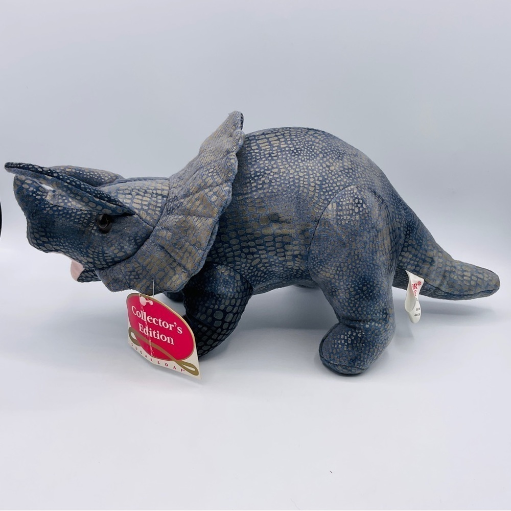 Vtg Triceratops 14 inch Dinosaur Plush Stuffed Animal Jurassic Horn Print Fabric